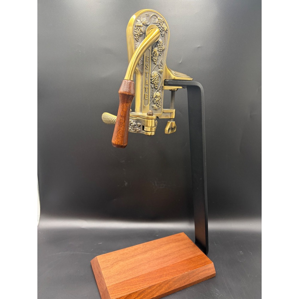 Estate Brass Wine Bottle Opener Ornate Grape Vine Corkscrew with Wood Base Stand